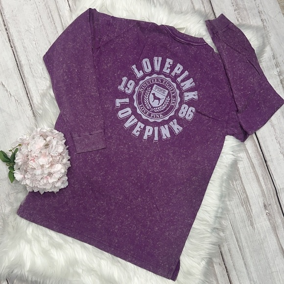 Pink Victoria’s Secret Distressed Acid Wash Crew Neck Long Sleeve Top Size Small - Picture 5 of 11